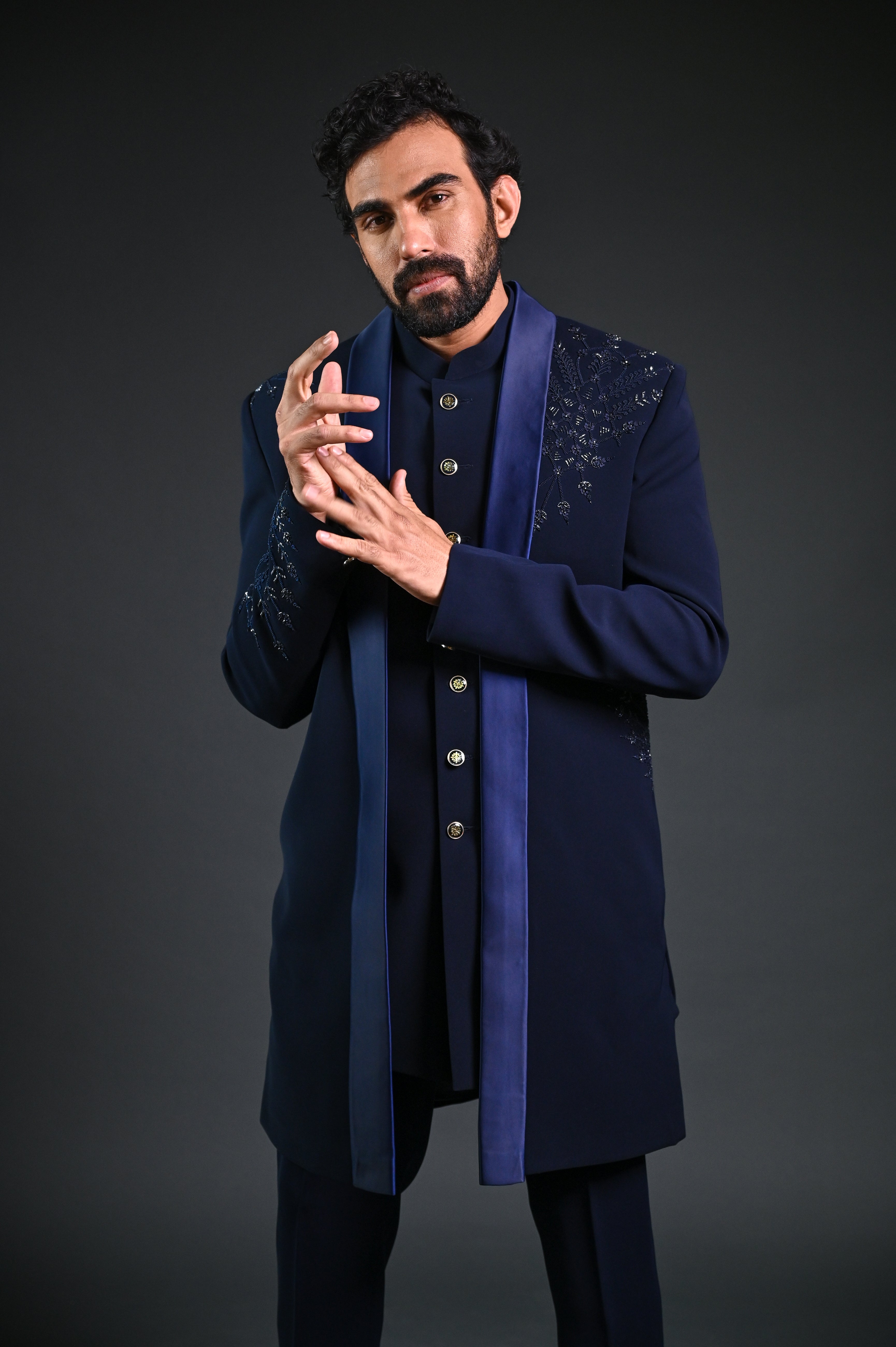Blue Imported Fabric Indowestern Long Jacket with Cutdana Work (S) 36 Navy Blue
