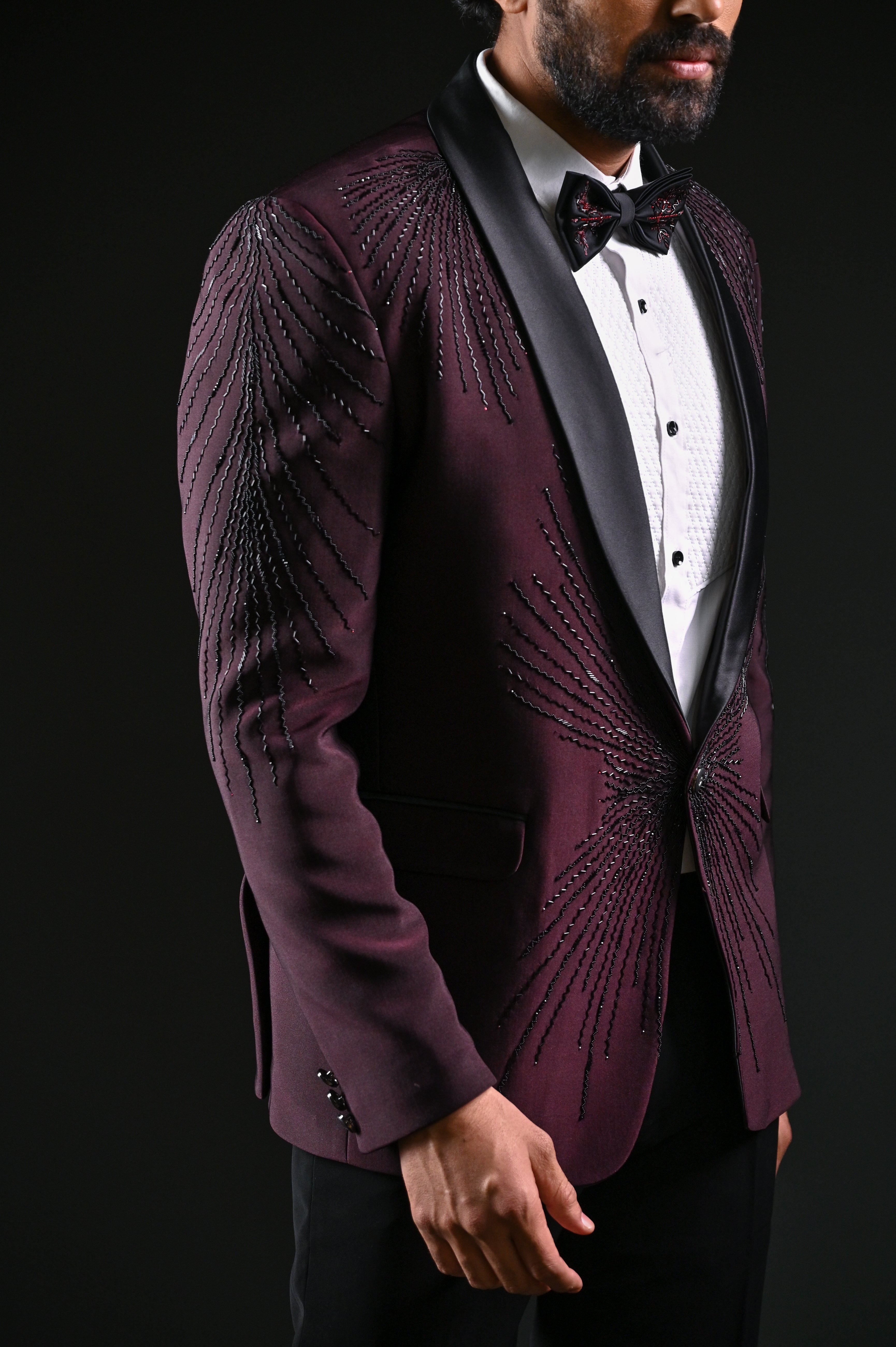Bow Tie Latest Engagement Dress For Groom Wine Cutdana Work