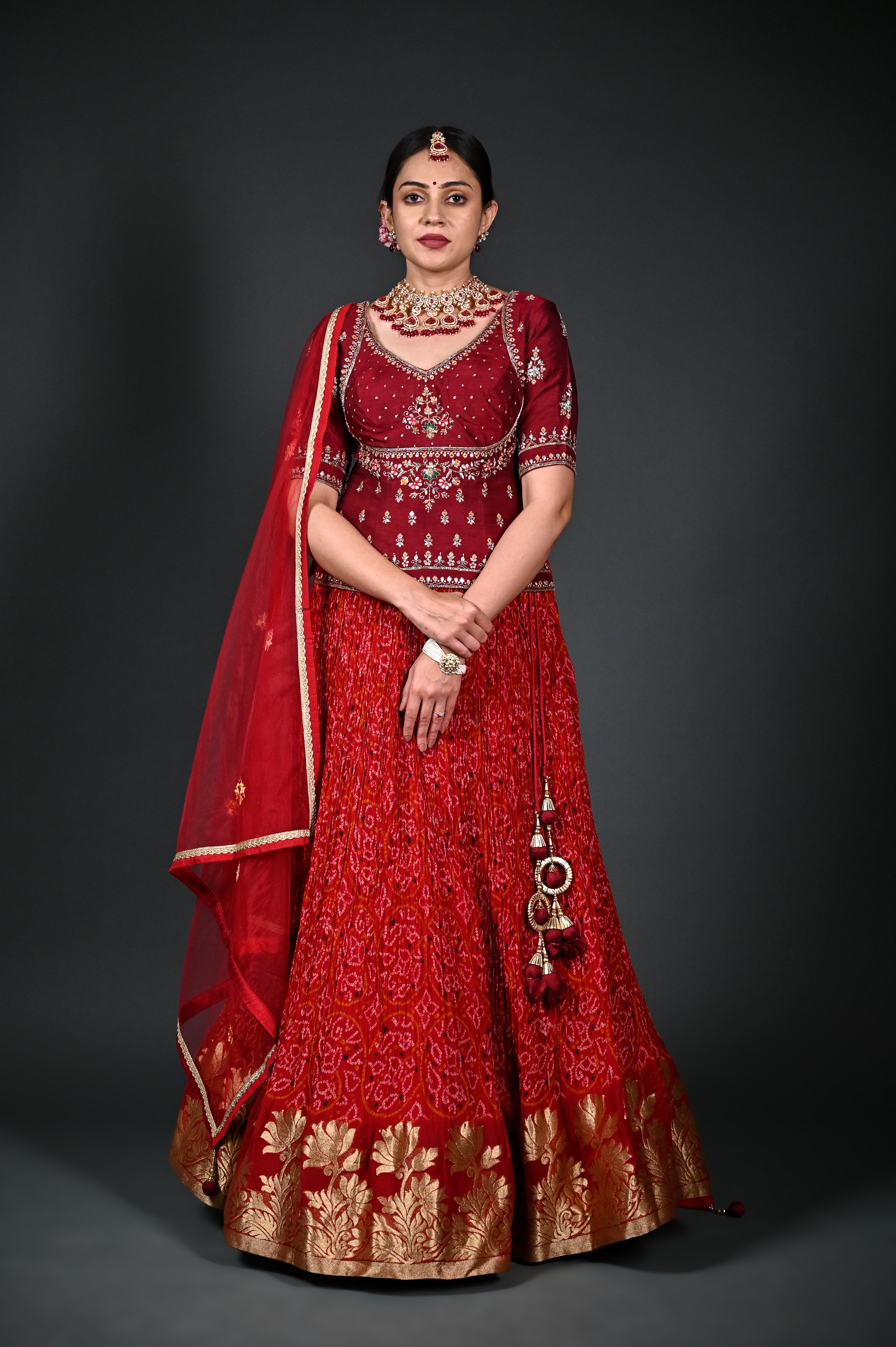 Buy Maroon Row Silk Gorget Bandhej Lehenga Choli, Net Dupatta Blouse